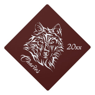 White Wolf Head on Blood Red w Name Graduation Cap Topper