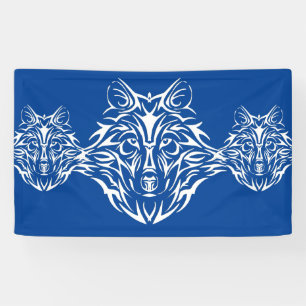 White Wolf Head on Blue Banner