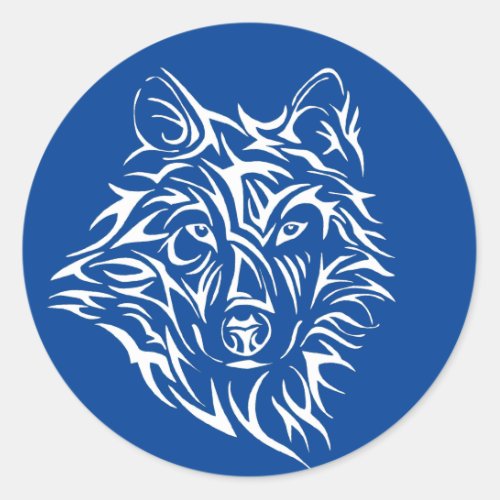 White Wolf Head on Blue  Classic Round Sticker