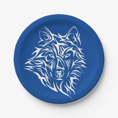 White Wolf Head on Blue  Paper Plates