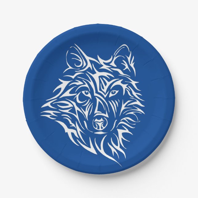 White Wolf Head on Blue  Paper Plates (Front)
