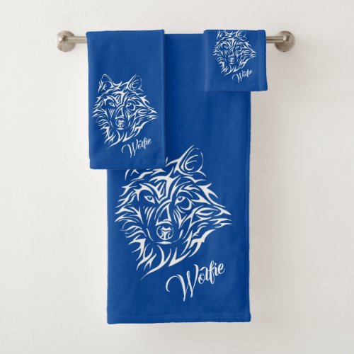 White Wolf Head on Blue Personal Bath Towel Set