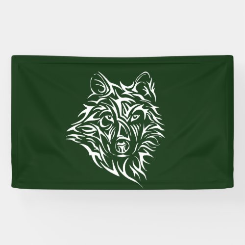 White Wolf Head on Green Banner
