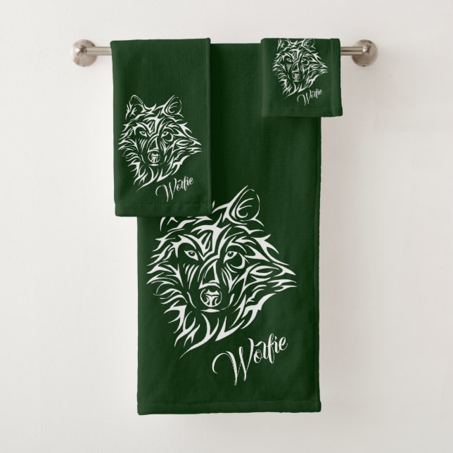 White Wolf Head on Green Personal Bath Towel Set (Insitu)