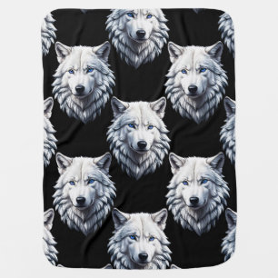 White Wolf Head Pattern Design Baby Blanket