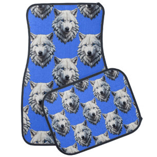 White Wolf Head Pattern Design Blue Car Floor Mat