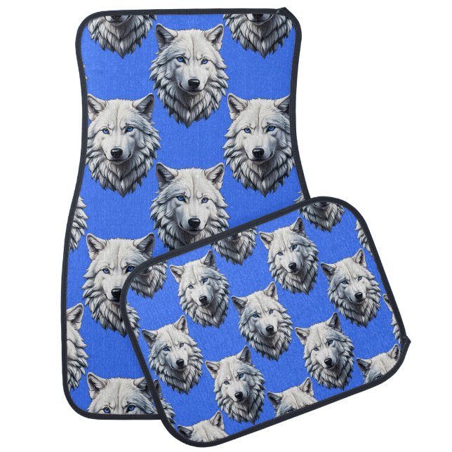 White Wolf Head Pattern Design Blue  Car Floor Mat (Set)