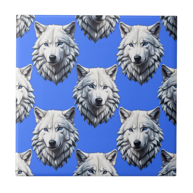 White Wolf Head Pattern Design Blue  Ceramic Tile (Front)