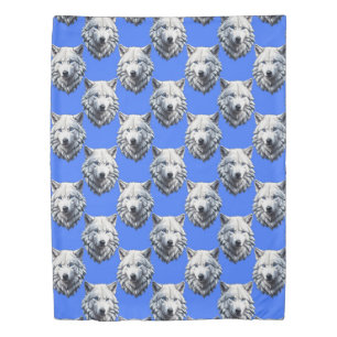 White Wolf Head Pattern Design Blue  Duvet Cover