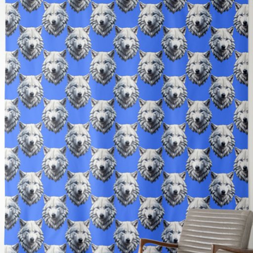 White Wolf Head Pattern Design Blue  Fabric
