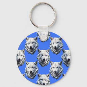 White Wolf Head Pattern Design Blue Keychain