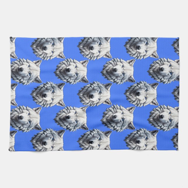 White Wolf Head Pattern Design Blue  Kitchen Towel (Horizontal)