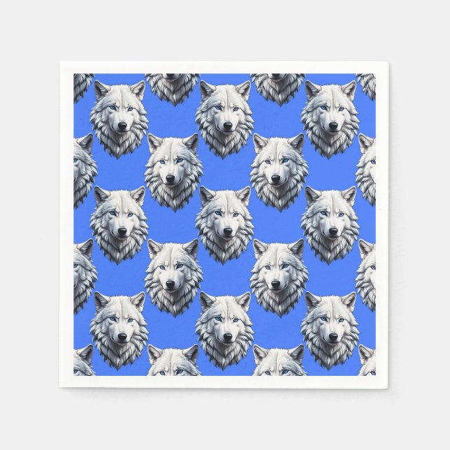 White Wolf Head Pattern Design Blue  Napkins (Front)
