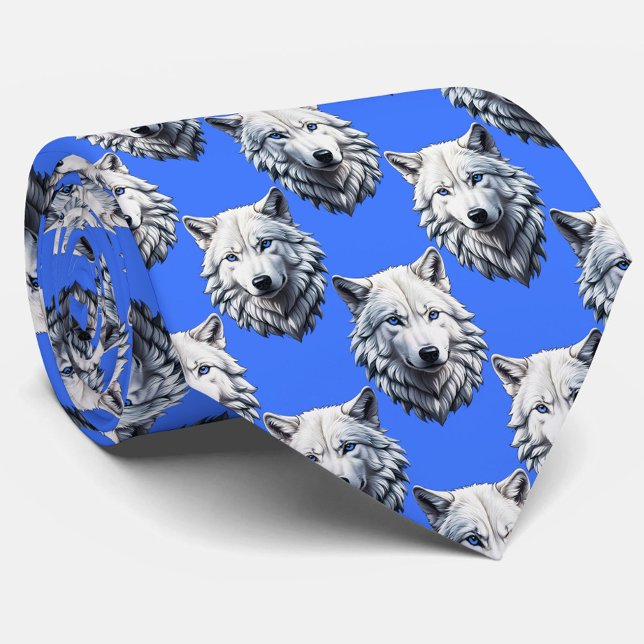 White Wolf Head Pattern Design Blue  Neck Tie (Creator Uploaded)
