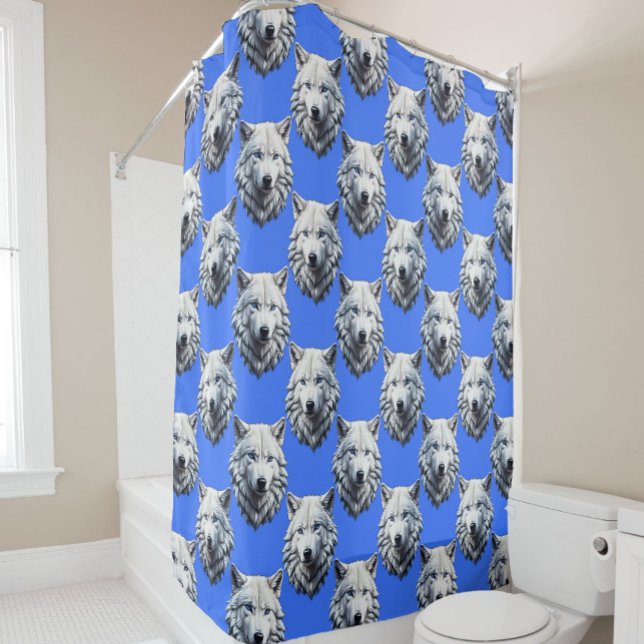 White Wolf Head Pattern Design Blue  Shower Curtain (Creator Uploaded)