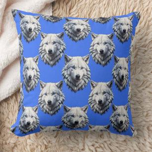 White Wolf Head Pattern Design Blue Throw Pillow