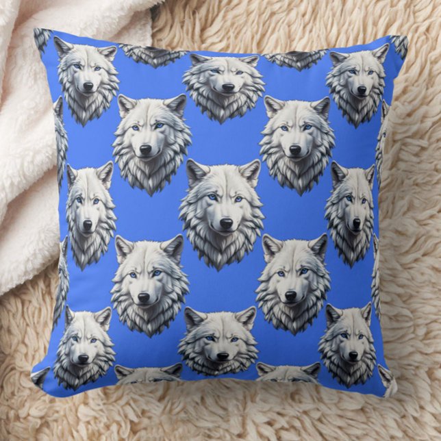 White Wolf Head Pattern Design Blue  Throw Pillow (Creator Uploaded)
