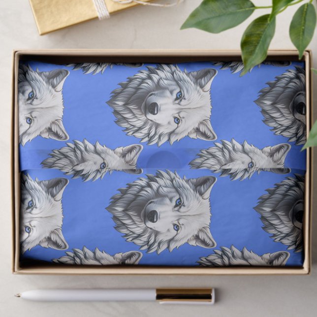 White Wolf Head Pattern Design Blue  Tissue Paper (Creator Uploaded)