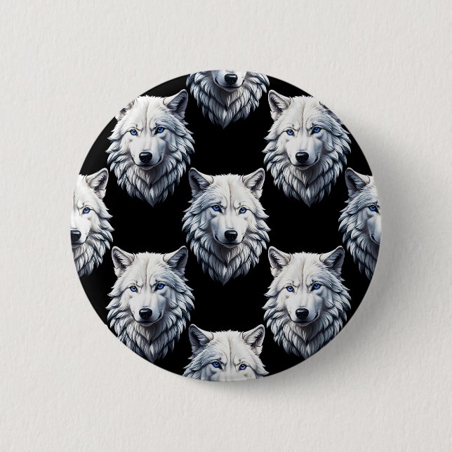 White Wolf Head Pattern Design  Button (Front)