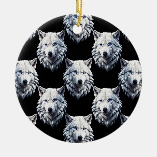 White Wolf Head Pattern Design  Ceramic Ornament (Front)