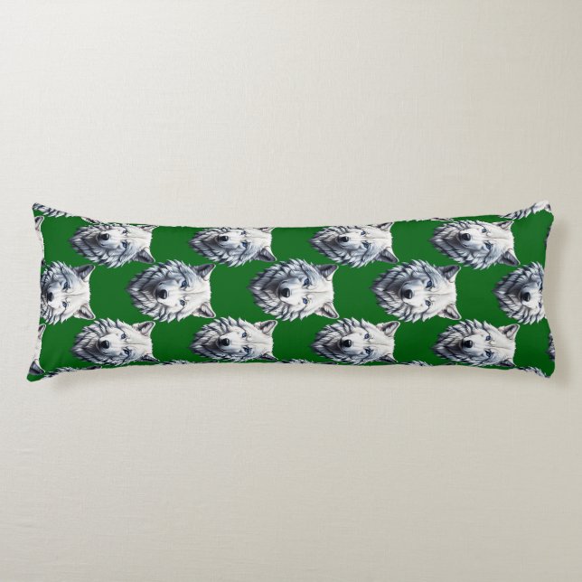 White Wolf Head Pattern Design Green  Body Pillow (Front)