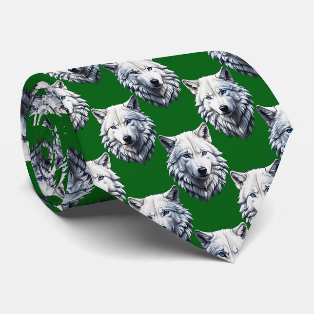 White Wolf Head Pattern Design Green  Neck Tie (Creator Uploaded)