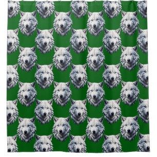 White Wolf Head Pattern Design Green  Shower Curtain