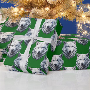 White Wolf Head Pattern Design Green Wrapping Paper