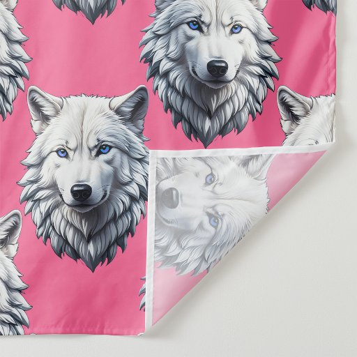 White Wolf Head Pattern Design Pink  Fabric