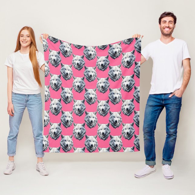 White Wolf Head Pattern Design Pink  Fleece Blanket (Creator Uploaded)