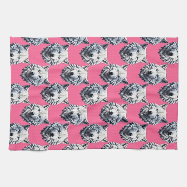 White Wolf Head Pattern Design Pink  Kitchen Towel (Horizontal)