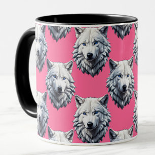 White Wolf Head Pattern Design Pink Mug