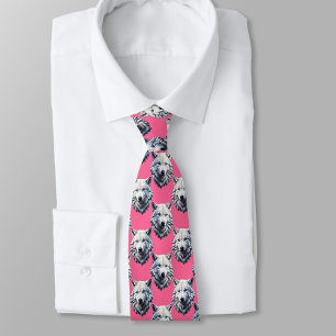 White Wolf Head Pattern Design Pink Neck Tie