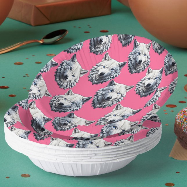 White Wolf Head Pattern Design Pink  Paper Bowls (Creator Uploaded)