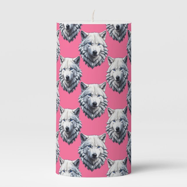 White Wolf Head Pattern Design Pink  Pillar Candle (Front)