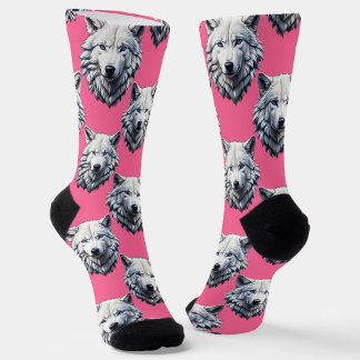 White Wolf Head Pattern Design Pink  Socks