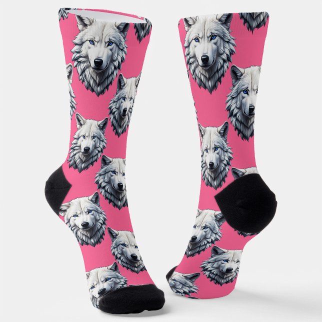 White Wolf Head Pattern Design Pink  Socks (Creator Uploaded)
