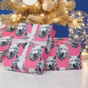 White Wolf Head Pattern Design Pink Wrapping Paper