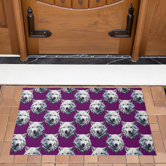 White Wolf Head Pattern Design Purple  Doormat (Creator Uploaded)