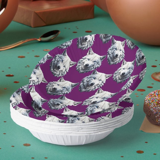 White Wolf Head Pattern Design Purple  Paper Bowls (Creator Uploaded)