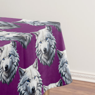 White Wolf Head Pattern Design Purple Tablecloth