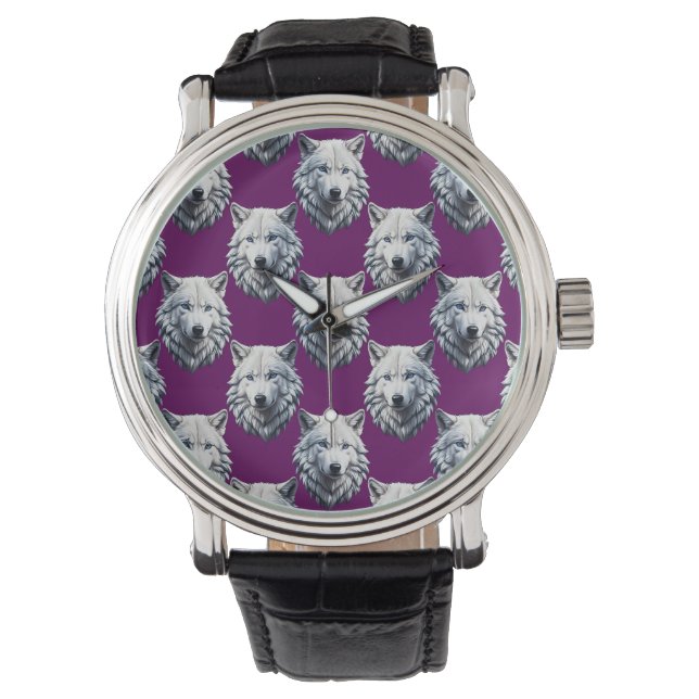 White Wolf Head Pattern Design Purple  Watch (Front)