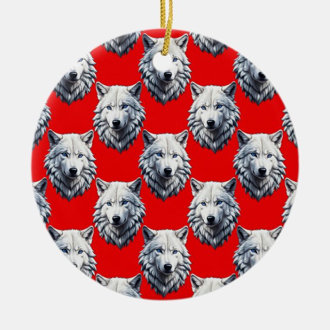 White Wolf Head Pattern Design - Red  Ceramic Ornament (Front)