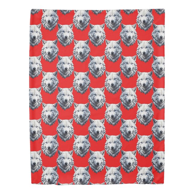 White Wolf Head Pattern Design - Red  Duvet Cover (Front)