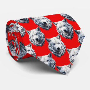 White Wolf Head Pattern Design - Red Neck Tie