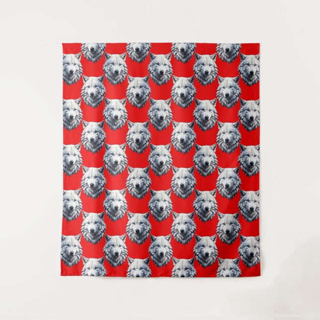 White Wolf Head Pattern Design - Red  Tapestry (Front)
