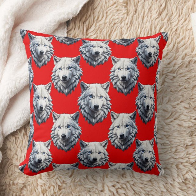 White Wolf Head Pattern Design - Red  Throw Pillow (Creator Uploaded)