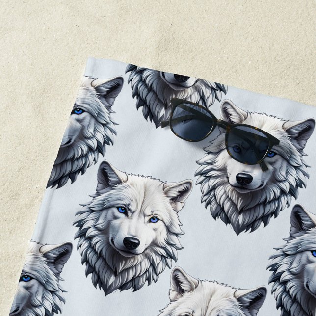 White Wolf Head Pattern Design - White  Beach Towel (Creator Uploaded)