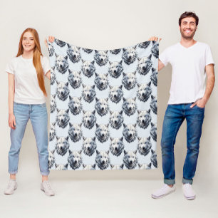 White Wolf Head Pattern Design - White Fleece Blanket