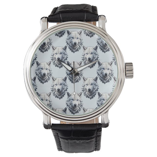 White Wolf Head Pattern Design - White  Watch (Front)